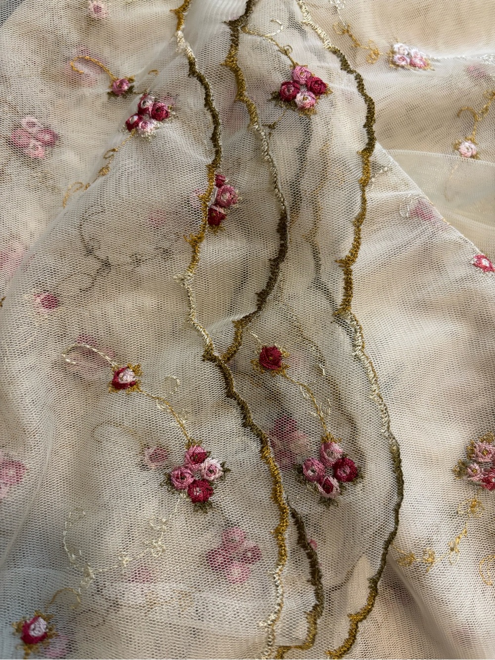 6 Embroidered Floral Window Sheers - Pink on Cream